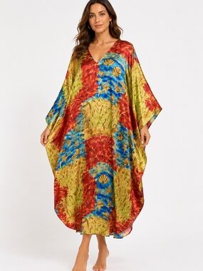 Women One Size Caftan Colorblock Beach Shells Cover-up Dress Casual Comfort